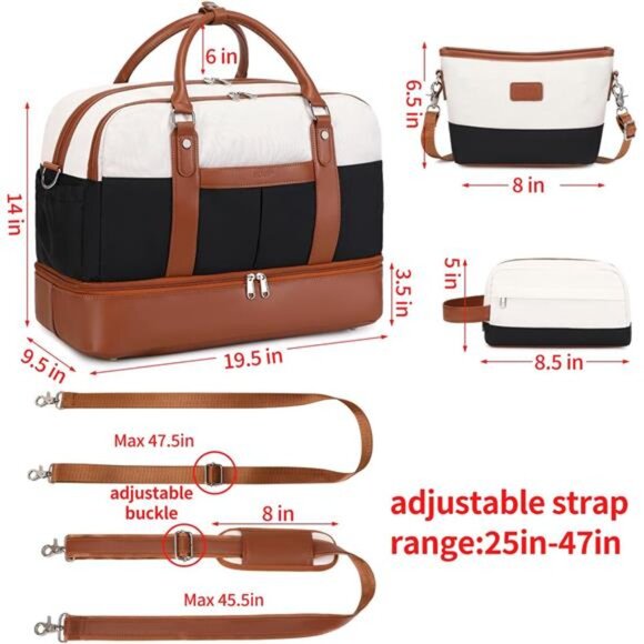 Weekender Bags for Women Overnight Bag Large Canvas Travel Duffel Bag with Shoe - Picture 6 of 7